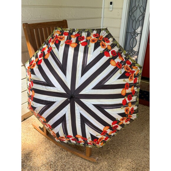 MacKenzie-Childs Accessories - MacKenzie-Childs Flower Market Stick Umbrella Black White Floral w/ Logo Handle